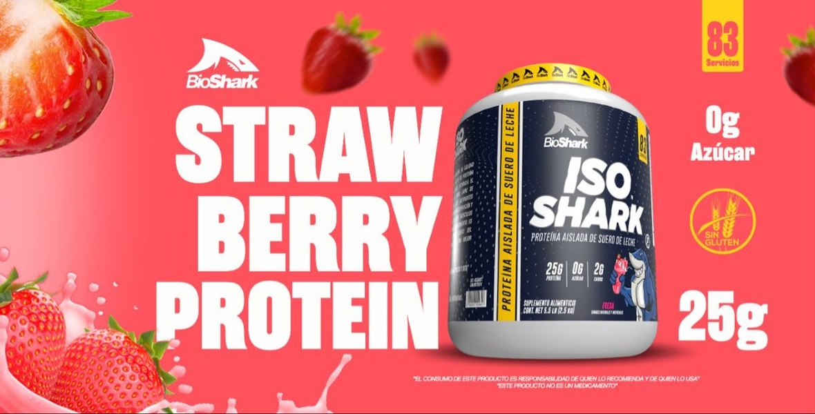 A horizontal 1.91:1 ad creative showcasing a strawberry protein supplement tub with clear nutritional highlights against a vibrant strawberry-themed background.